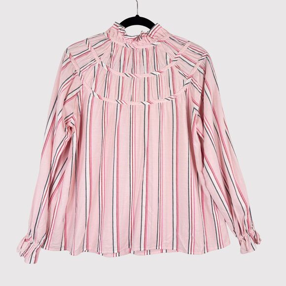 CLAUDIE PIERLOT Womens Top Pink Ruffle Pinstriped Long Sleeve Blouse 40 US Large - Picture 1 of 9